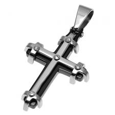 Stainless and Black PVD Coated Cross Pendant w/ Faux Screw Design